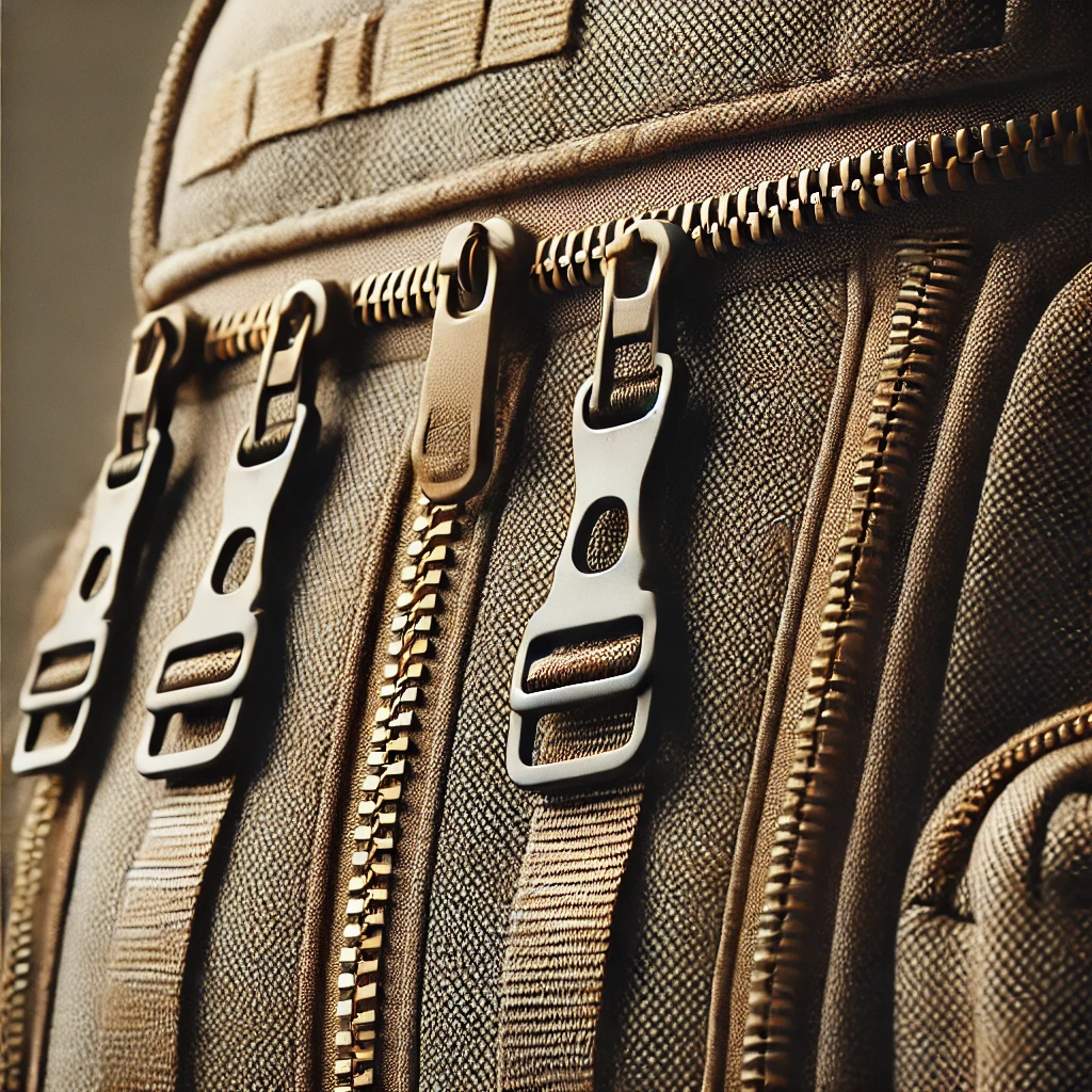 Close-Up Detail Durable Recycled Material and Zippers on the Brown Eco-Friendly Hiking Backpack