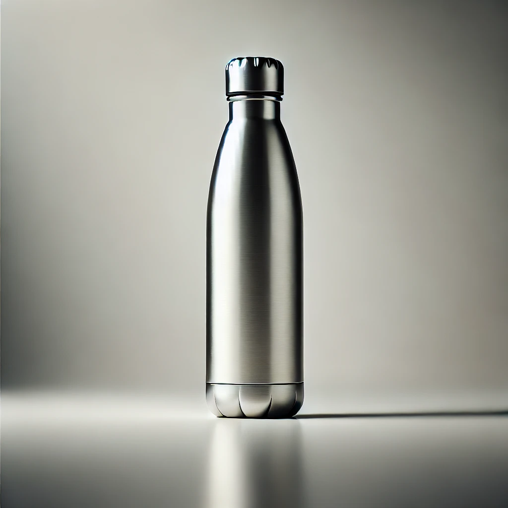 Sleek, eco-friendly stainless steel water bottle with a smooth metallic finish and screw-on cap, designed to keep drinks cold for 24 hours.