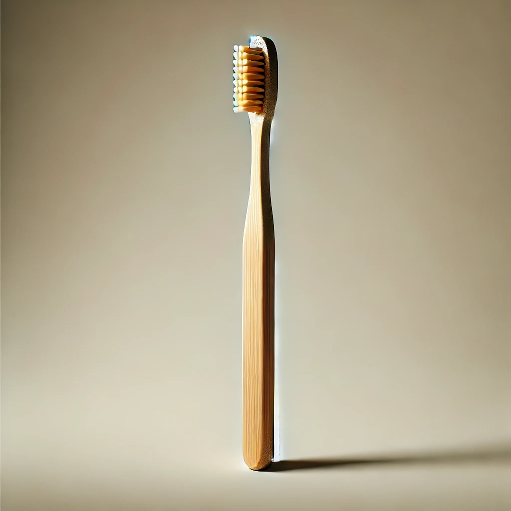 Biodegradable bamboo toothbrush with a smooth natural wood finish and soft bristles, designed for eco-friendly dental care.