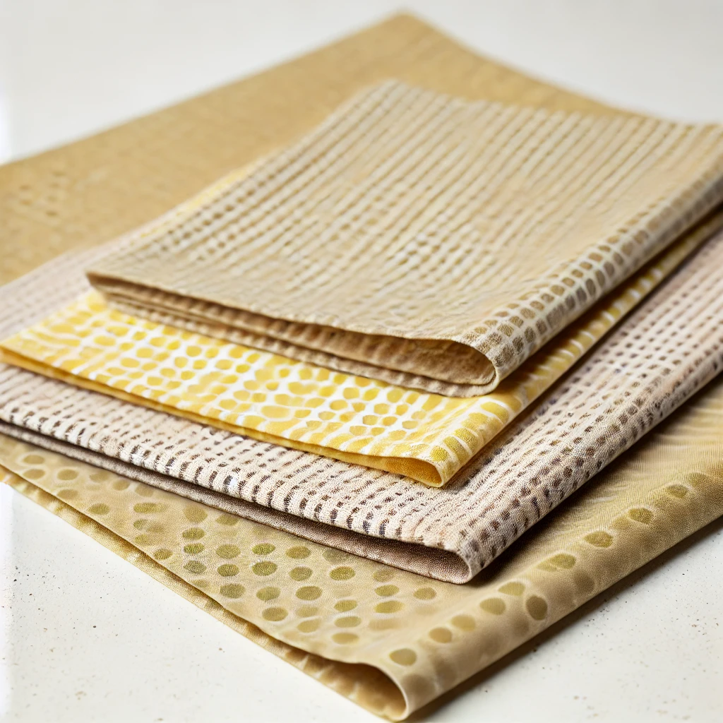 Reusable beeswax food wraps made from organic cotton and beeswax, featuring natural earthy colors, displayed on a neutral background.