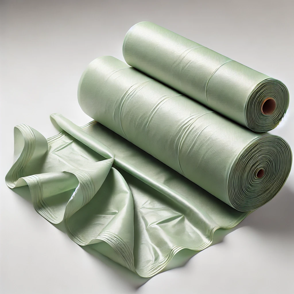 Compostable plant-based trash bags in a light green hue, partially unrolled with one bag open to display size and capacity.