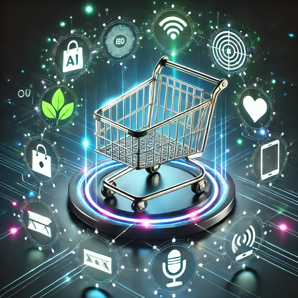 A glowing futuristic shopping cart surrounded by floating digital icons representing AI, sustainability, mobile shopping, and voice commerce on a dark background with neon highlights.