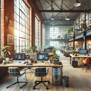 An open-space office inside a modern brick building, featuring exposed brick walls, large industrial-style windows, creative workstations with laptops, cameras, and greenery, reflecting a vibrant and collaborative content creation environment.