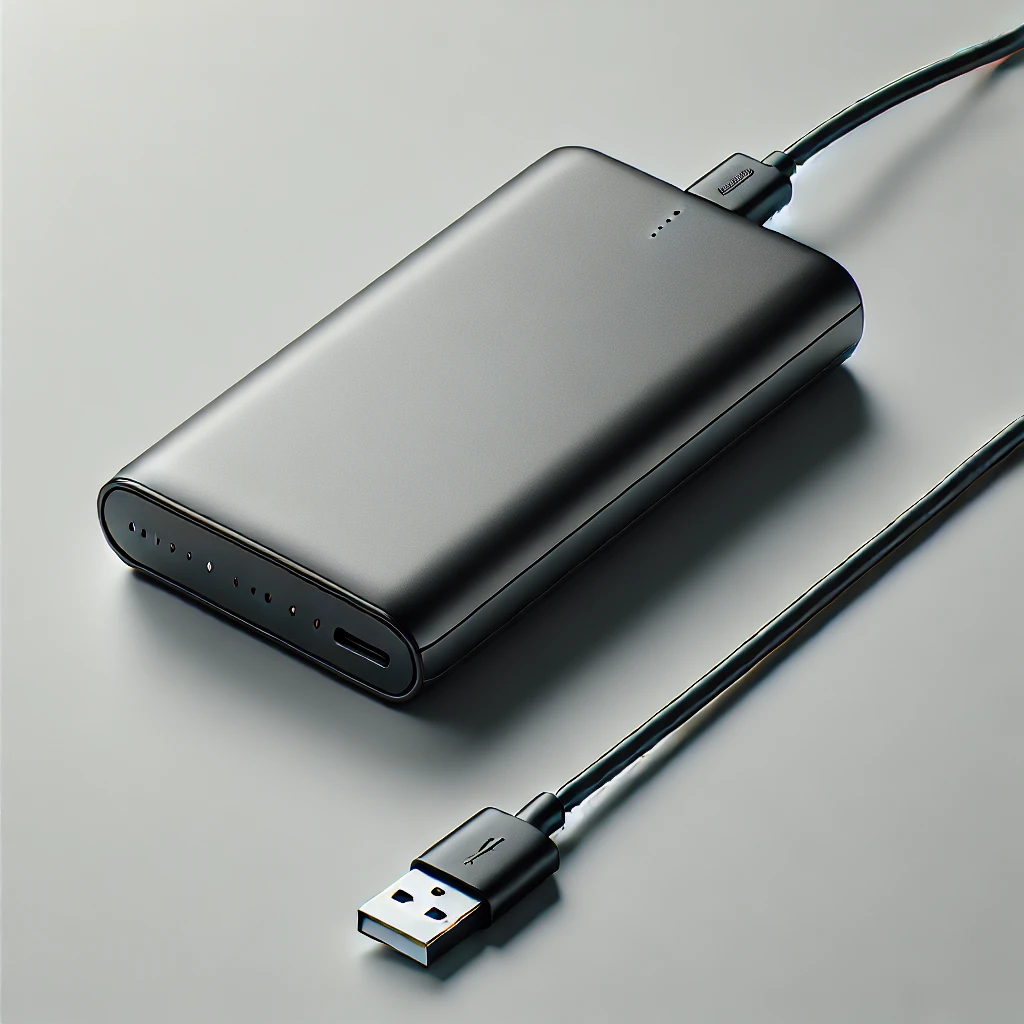 Sleek and compact portable power bank with a smooth matte finish, lying flat with a charging cable connected on a minimalistic background.