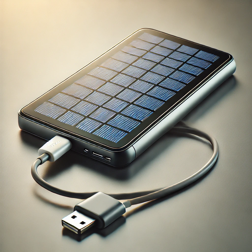 Compact solar-powered phone charger with sleek design and visible solar panels, shown charging a smartphone.