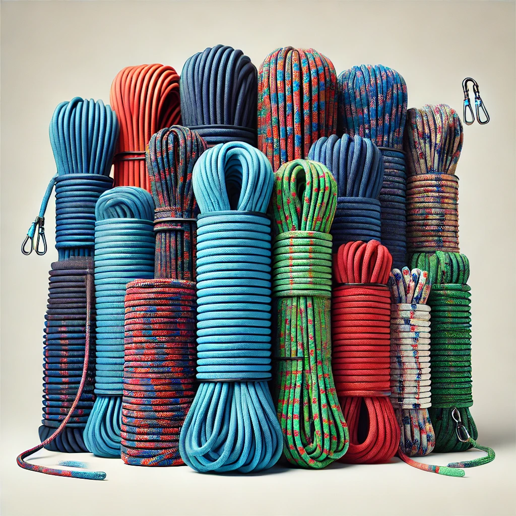 A high-quality image displaying various lengths and colors of a high-performance climbing rope arranged side by side.