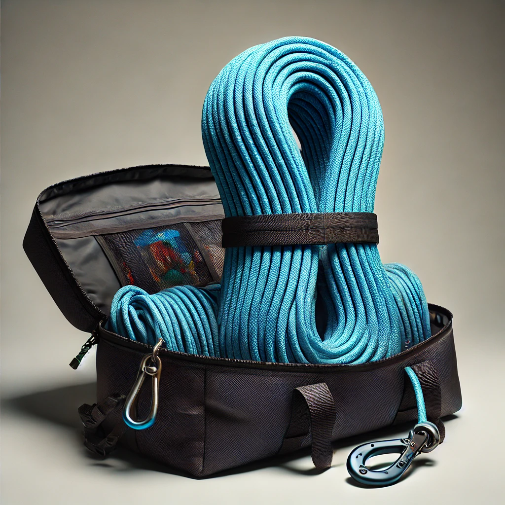 A high-quality image showing a high-performance climbing rope being packed into a durable climbing gear bag.