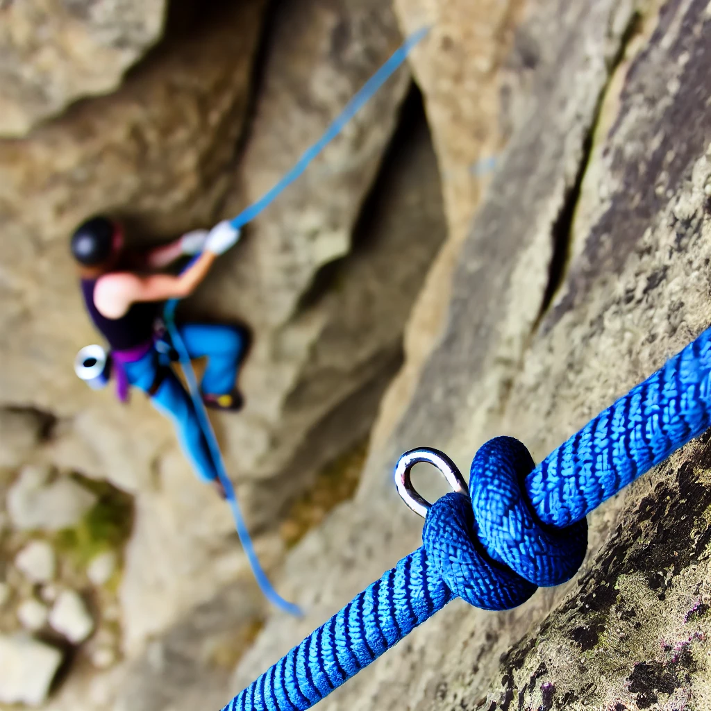 A high-quality image showing a high-performance climbing rope in use during a rock climbing session.