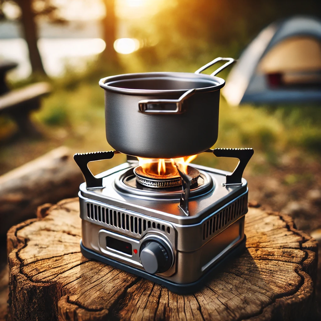 a compact camping stove being used at a campsite.