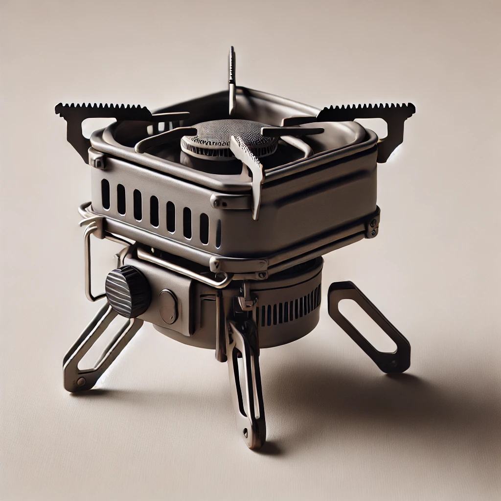 a compact camping stove in its folded state.