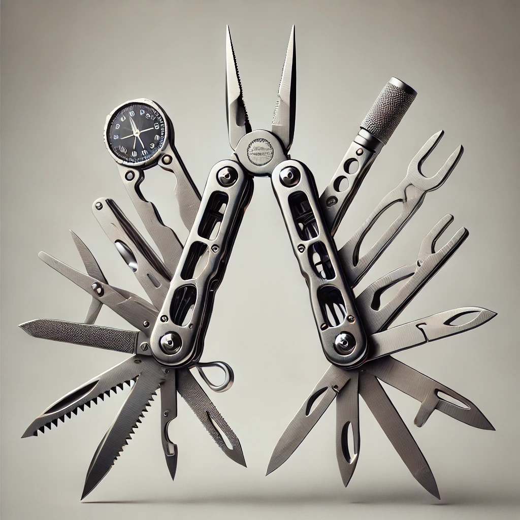 a multi-tool fully extended, displaying all its tools including a knife, compass, fire starter, etc