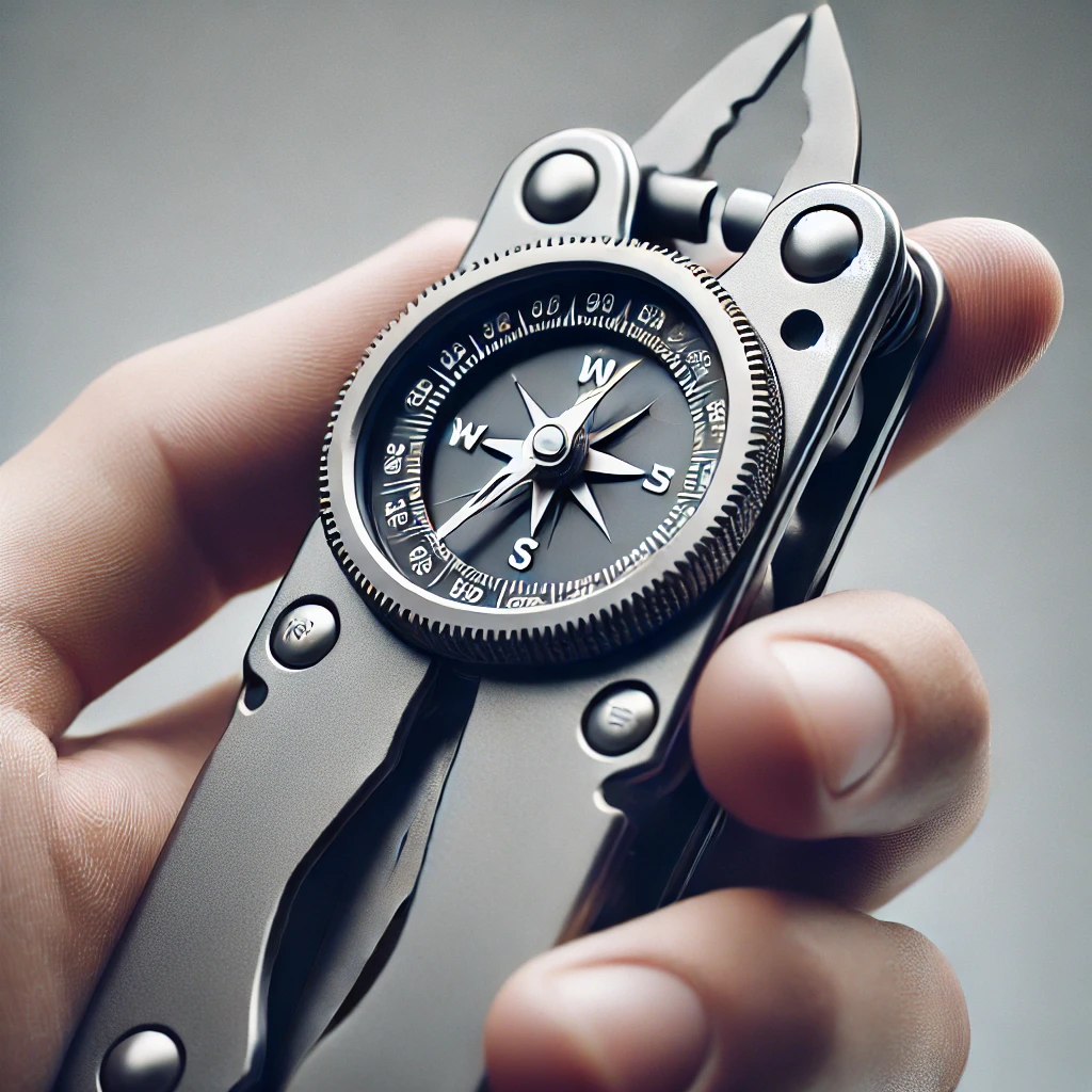 close-up image focusing on the compass feature of a multi-tool.