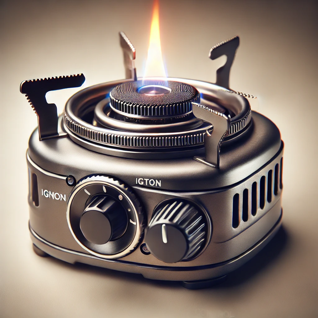 close-up image focusing on the ignition system of a compact camping stove.