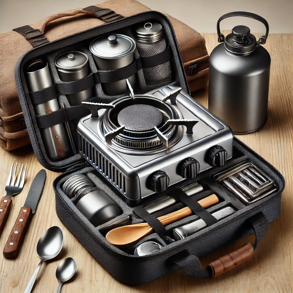 compact camping stove packed inside a carry case, surrounded by other camping gear like utensils and cookware.