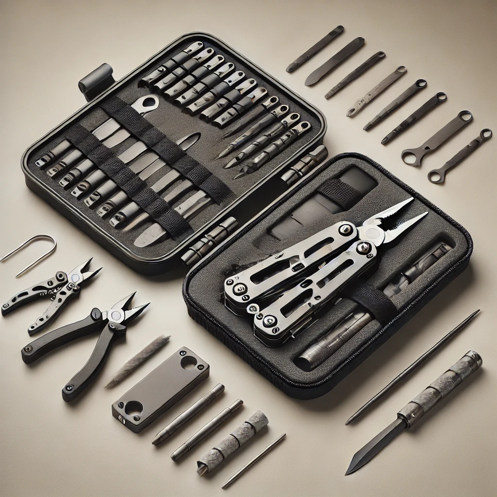 image of a multi-tool along with its carry case and accessories, showcasing how it is packaged for portability.