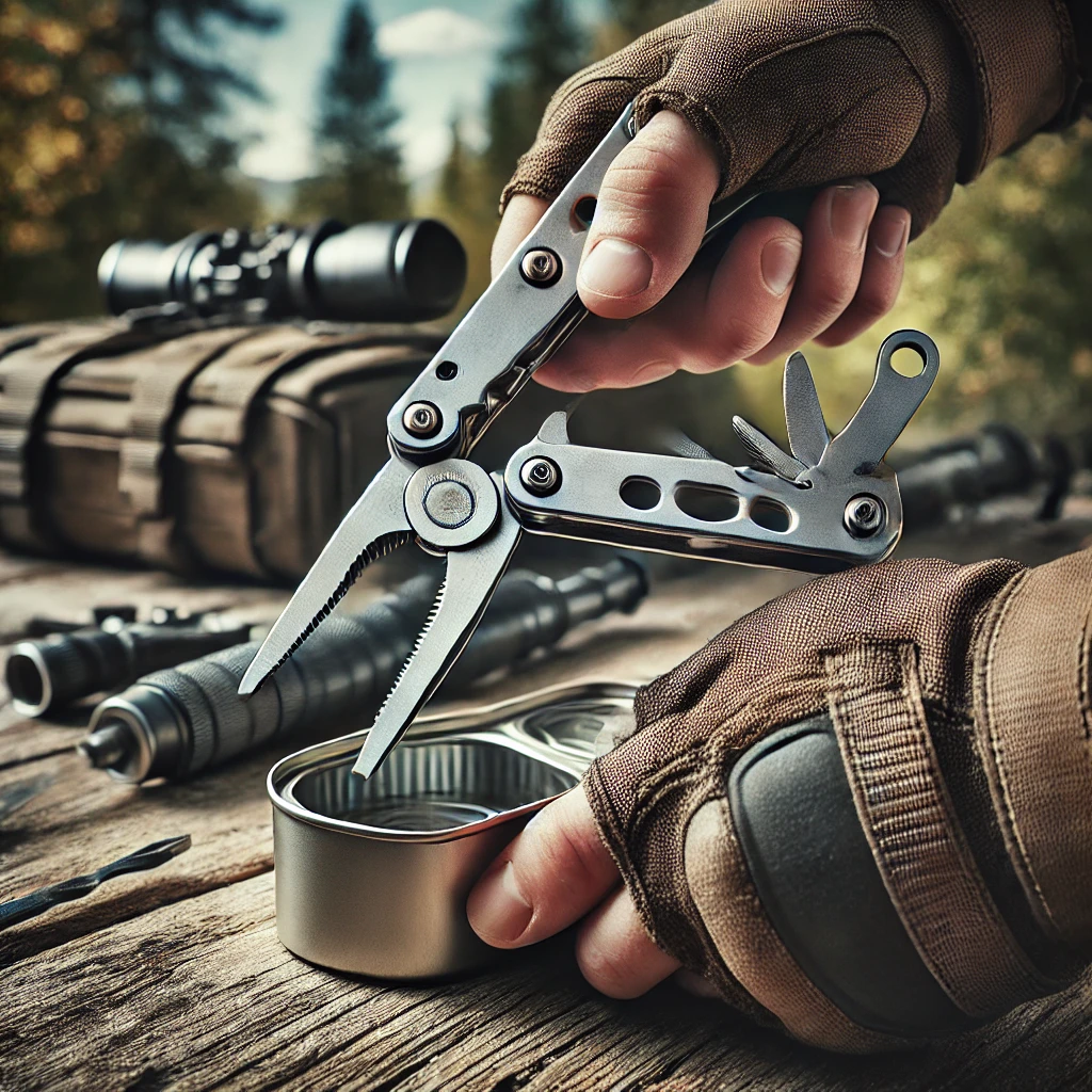 image showing the multi-tool being used in an emergency scenario, such as opening a can or using the screwdriver to fix gear.